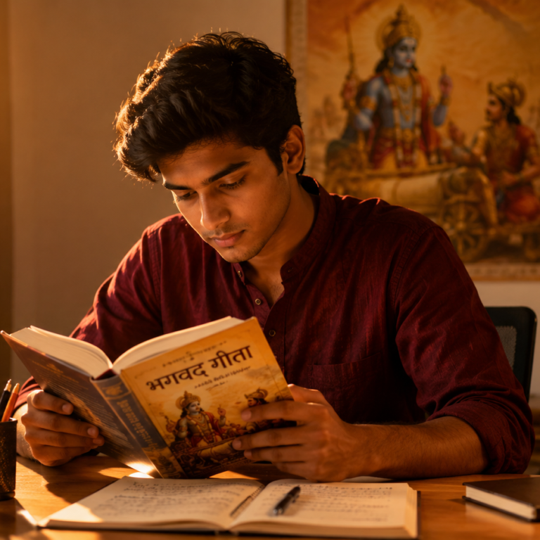 Student reading Bhagavad Gita
