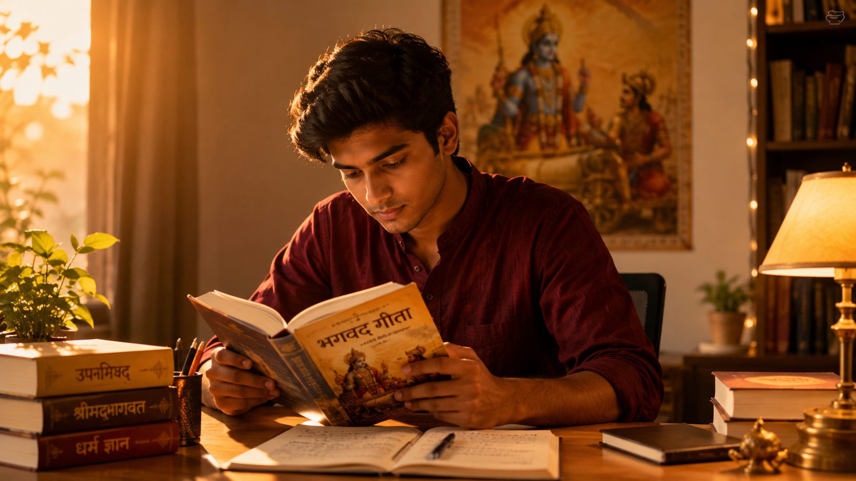 Student reading Bhagavad Gita