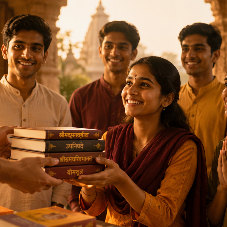 Students receiving Vedic books