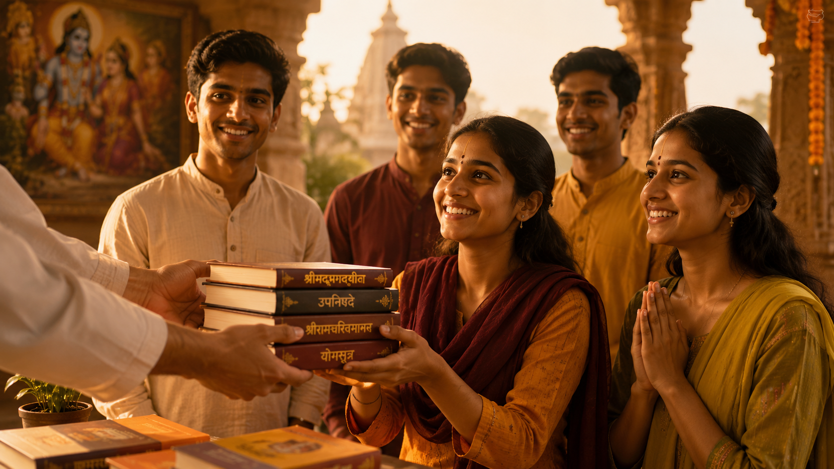 Students receiving Vedic books