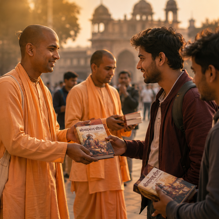 Sadhu distributing Bhagavad Gita books