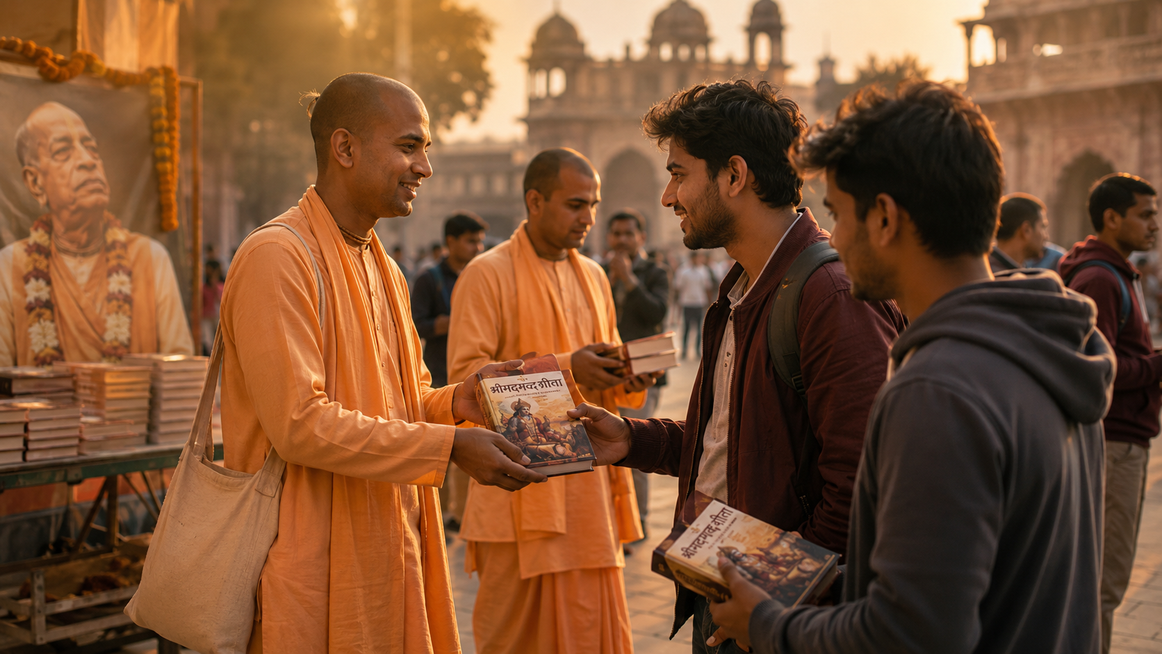 Sadhu distributing Bhagavad Gita books