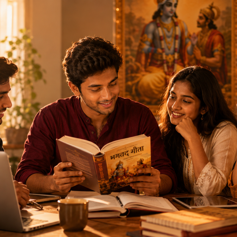Modern youth studying Bhagavad Gita