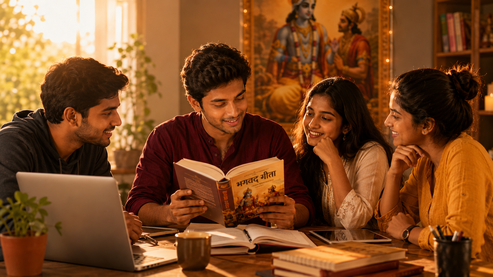 Modern youth studying Bhagavad Gita