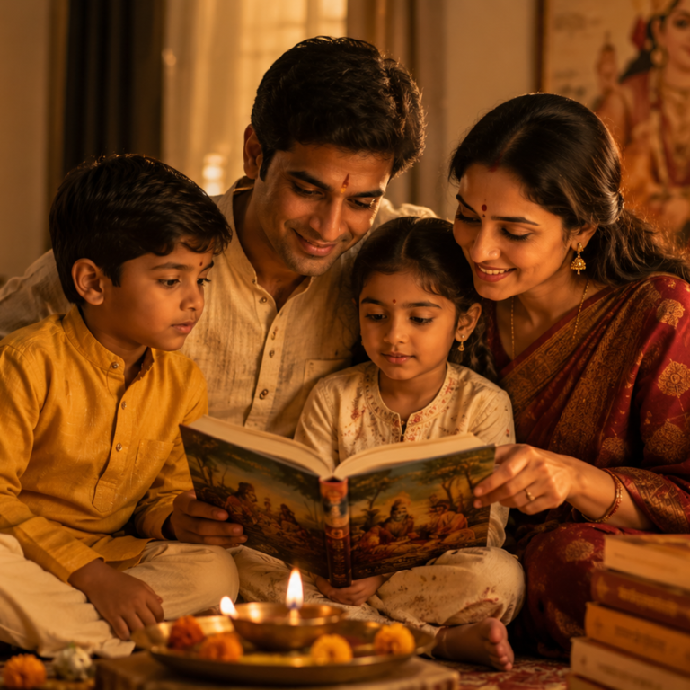 Parents teaching children Vedic values