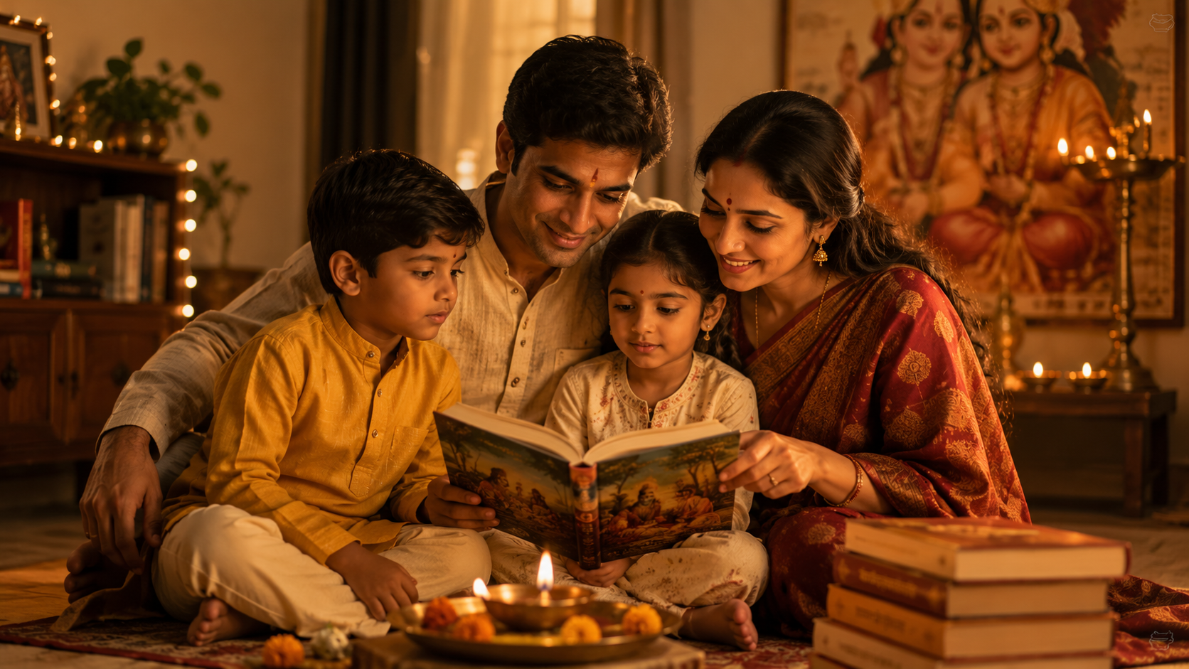 Parents teaching children Vedic values